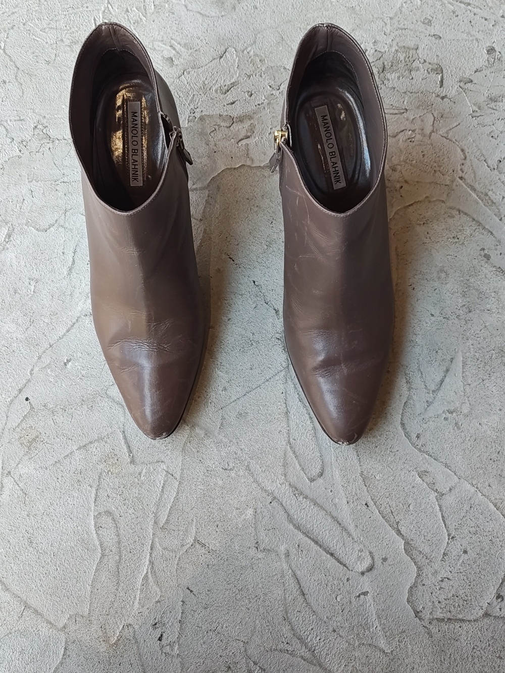 Manolo Blahnik Taupe Leather Ankle Booties